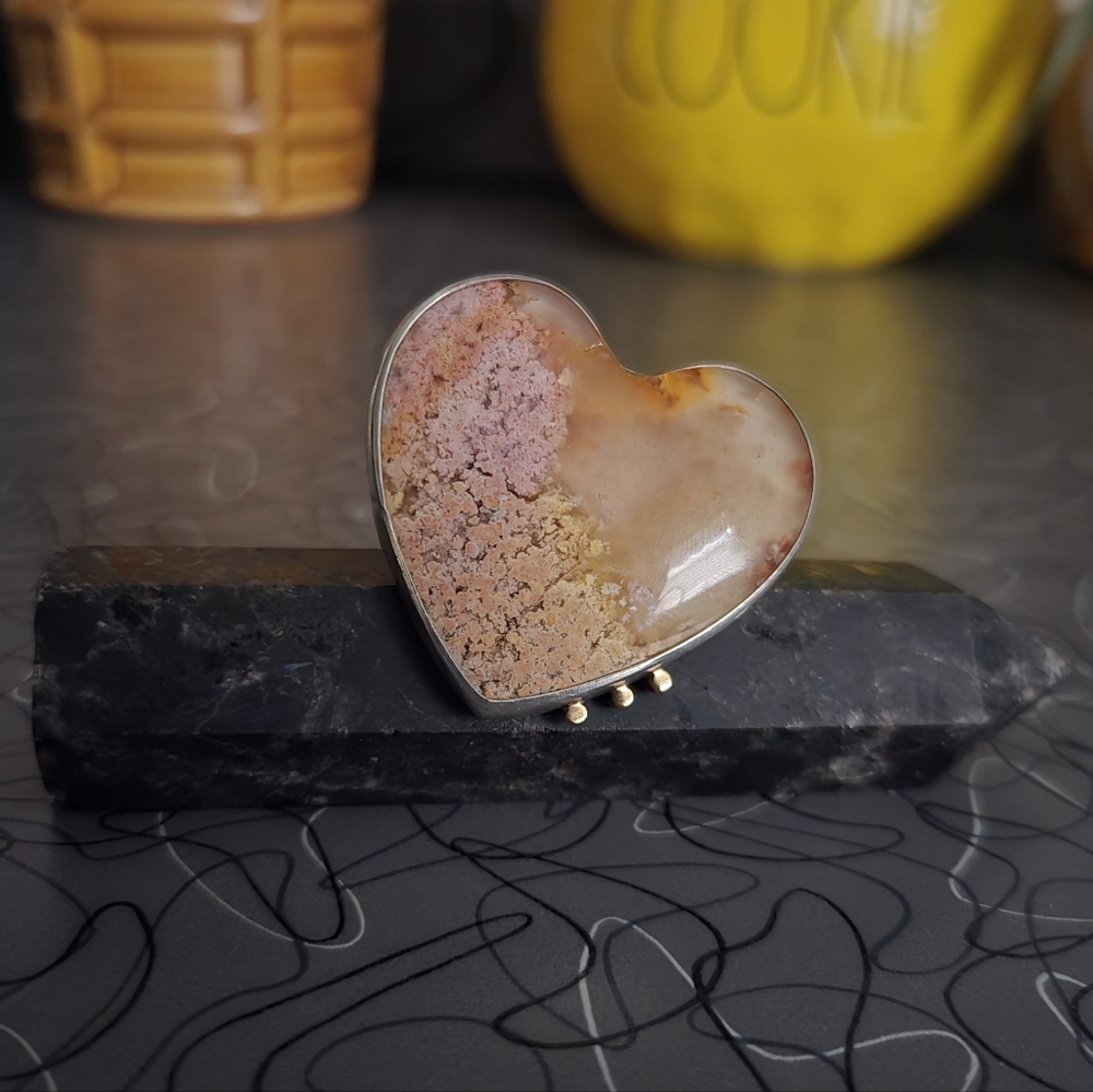 Olga Sitnik ring Metalsmith by Olga heart Moss Agate Sterling Silver & Gold OOAK